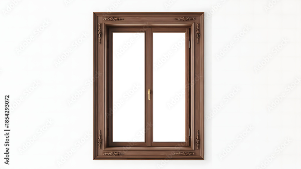 Fototapeta premium Brown Window Frame: An elegant brown window frame, artfully designed with intricate detailing, provides a captivating glimpse to the outside world.