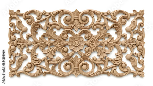 Elegant Wood Carving: A detailed close-up of an exquisite, intricately carved wooden panel, exhibiting a symphony of swirling patterns, floral motifs, and timeless craftsmanship.