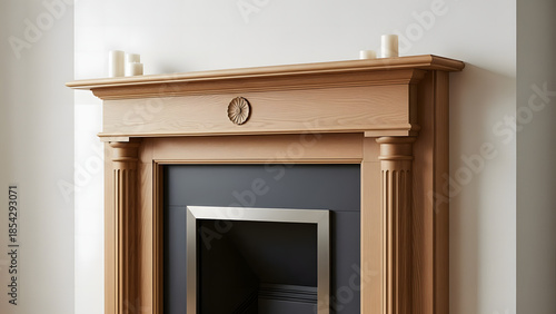 Classic Fireplace Elegance: A close-up view of a beautifully crafted wooden fireplace, showcasing intricate details and timeless design. The neutral palette exudes warmth and refinement.