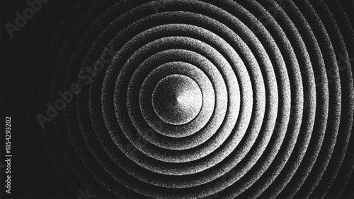 Minimalist geometric artwork of concentric circles in stippling style forming layered geometry. Precise geometric structure of concentric circles arranged in balance and harmony. Vector illustration