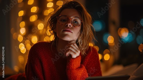 Woman wearing glasses using tablet and resting on bed at night