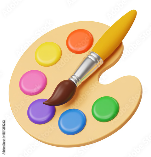 3D Artist Palette with Vibrant Colors and Paintbrush Ready to Use