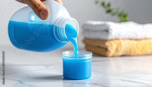 Close-up of liquid laundry detergent being poured from a bottle into a measuring cap on a light grey marble table. Clean household and laundry concept with modern, minimal style.