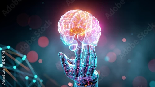 Robotic hand presenting glowing digital brain in abstract network