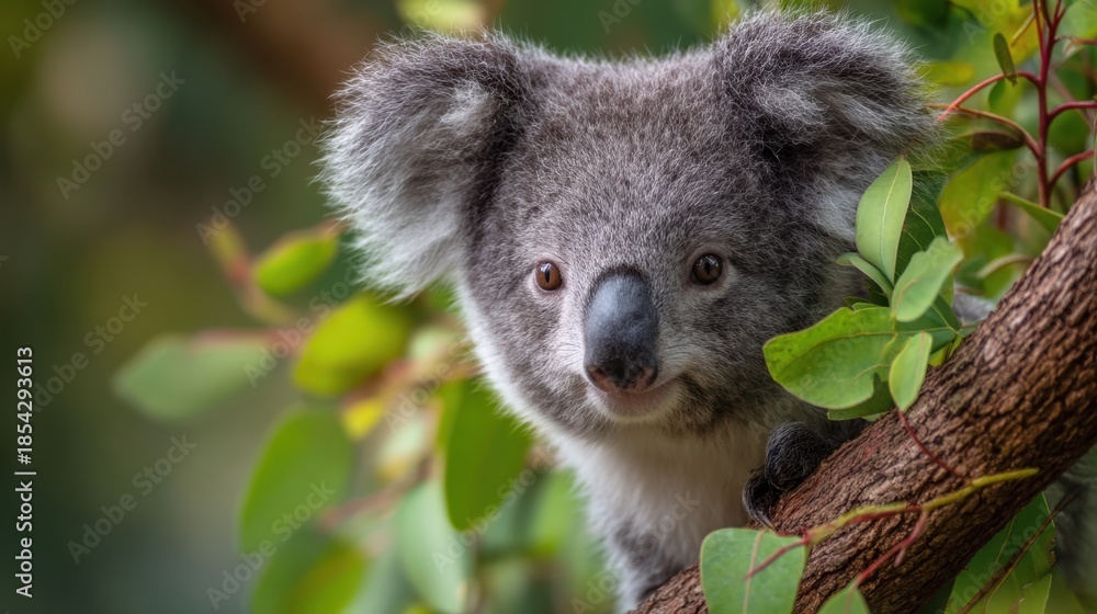 Obraz premium A koala is seen sitting on a tree branch in an Australian forest. The koala's face is visible and vibrant green leaves surround it in the daylight. The setting is natural and lively.