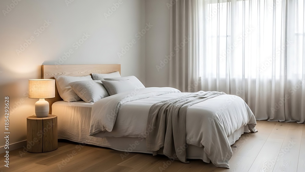 Fototapeta premium Cozy Bedroom Ambiance: A serene bedroom setting featuring a meticulously made bed adorned with soft bedding, a bedside lamp casting a gentle glow.