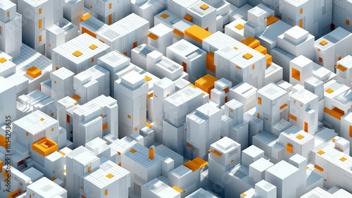 Abstract cityscape expanding with white and orange buildings