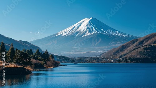 Mount fuji reflecting on lake kawaguchiko in a sunny day