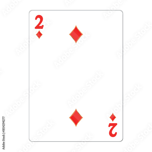 Two of diamonds. Playing card with golden elements. Casino icons. Pictograms representing different suits. Vector illustration. Flat design for modern visual elements.