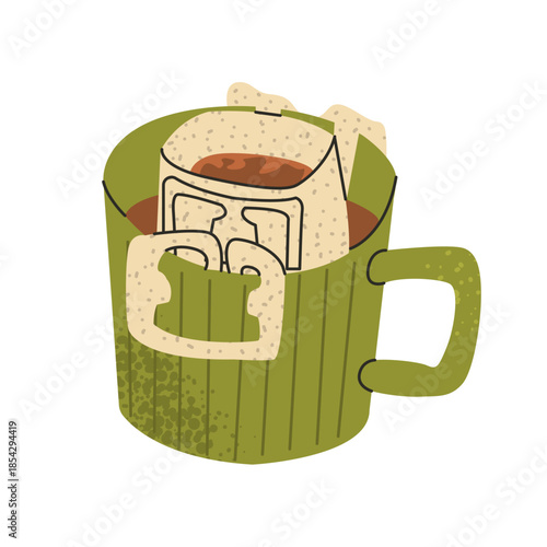 Drip Coffee bag. Brewing pour over coffee. Vector minimalist doodle isolated illustration. Cafe or home recipe. Barista equipment for cafe.