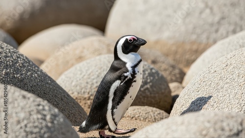 African Penguin Standing on Rocks in Natural Habitat Under Sunlight.