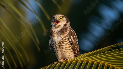 Alert Owl Perched on Palm Frond with Open Beak, Natures Beauty.