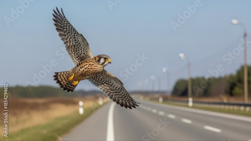 American Kestrel Soaring Above Highway in Pursuit of Prey.