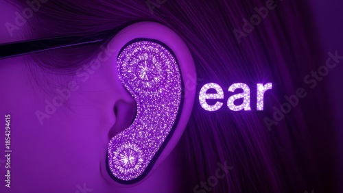 Artistic Neon Illuminated Human Ear with Glowing Purple Light and Text.