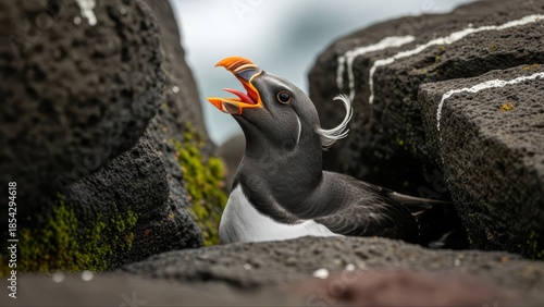 Atlantic Puffin with Open Beak Nestled Among Volcanic Rocks.