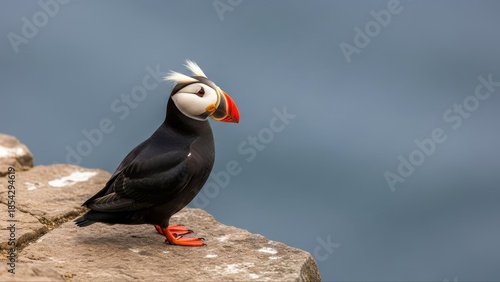 Atlantic Puffin Perched on a Rocky Cliffside with a Blue Background.