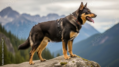 Australian Kelpie Dog Standing Proudly on a Rocky Outcrop with Mountain Backdrop.