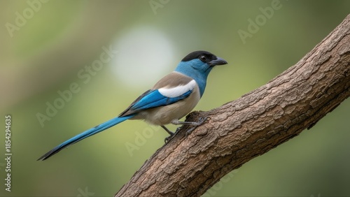Azure-winged Magpie Perched on a Tree Branch Against Blurred Background.