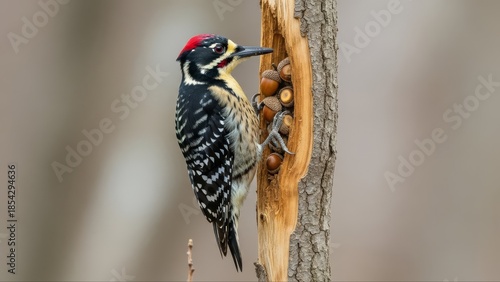 Beautiful Acorn Woodpecker Perched on a Tree Trunk in Nature.