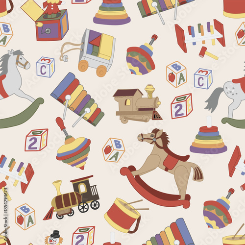 Vintage Toys Hand Drawn as a Christmas Nostalgia Design on a Beige Background Creating a Seamless Pattern Print