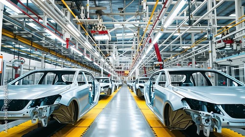 Car bodies moving along assembly line in modern factory