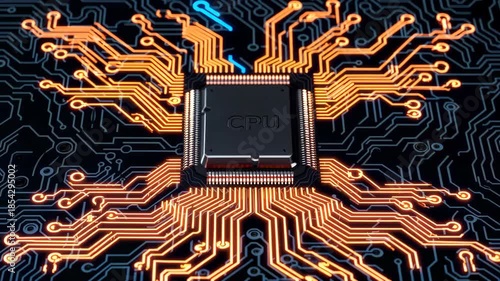 A vibrant depiction of a cpu on a circuit board, featuring glowing, intricate lines representing electrical connections. the image emphasizes advanced technology, innovation, and digital communication