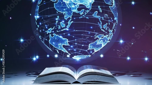 A holographic digital world map hovers above an open book, symbolizing the merging of traditional knowledge with technological advancement. the glowing blue globe intricately displays continents, evok