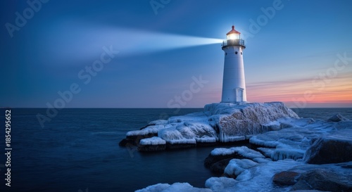 Wallpaper Mural Lighthouse casting a bright beam over icy rocky coastline at twilight with calm sea Torontodigital.ca