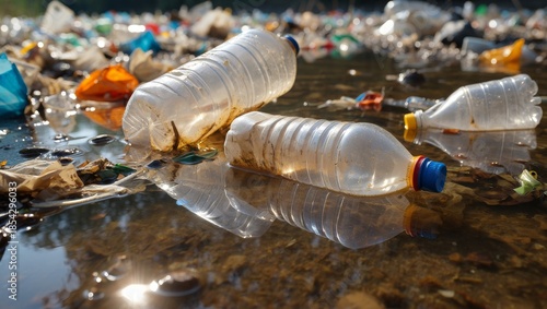  Medium close-up of discarded plastic bottles and various waste floating in a polluted river under bright natural sunlight with a blurred background of debris