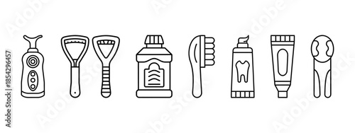 Minimalist black line icon set of dental hygiene icons: electric toothbrush, manual toothbrush, toothpaste tube with tooth symbol, irrigator device, tongue scrapers. Ideal for oral care infographics.