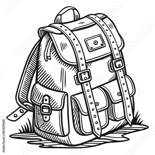 Vintage rugged canvas hiking backpack with leather straps and metal buckles. Outdoor adventure and travel equipment illustration.