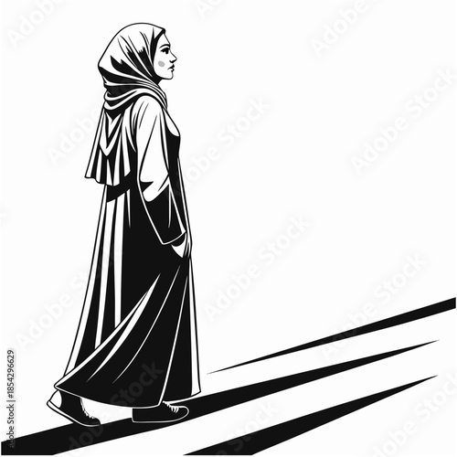 Muslim woman in abaya and hijab walking confidently forward. Modesty, faith and determination concept illustration.