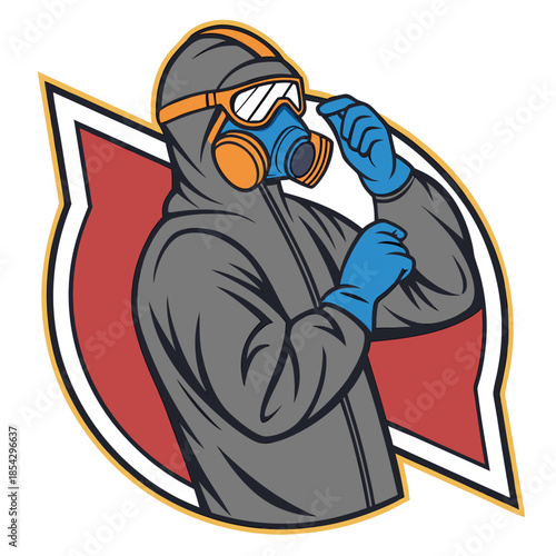 Hazmat worker in protective suit with respirator mask. Chemical safety and emergency cleanup professional character.