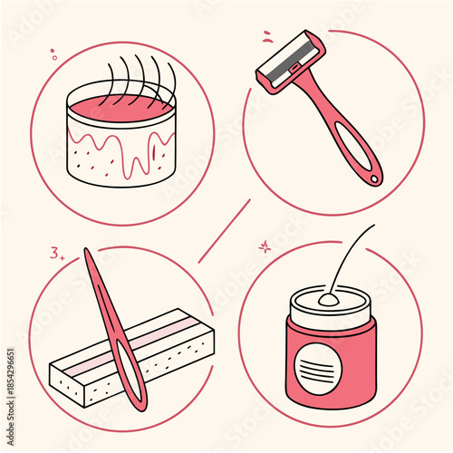 Hair removal and beauty care tools set: wax, razor and threading equipment. Personal grooming and skincare concept.