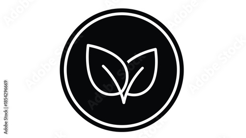 A simple black and white circular icon featuring a delicate leaf design inside