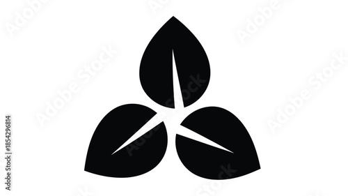 A minimalist design featuring three black leaves arranged in a triangular formation on white background