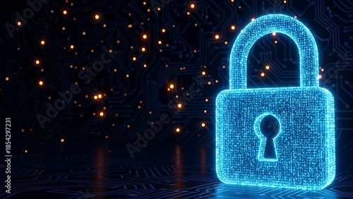 Digital padlock glowing blue on dark circuit board background with golden lights