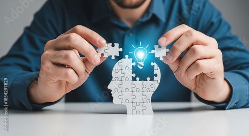 Man Assembling Puzzle Pieces Forming Human Head with Lightbulb Idea Symbol.