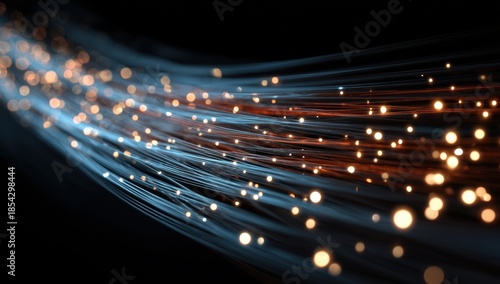 high-speed data transfer lines in space, glowing light trails against a dark background, representing fast digital connections and technology Generative AI