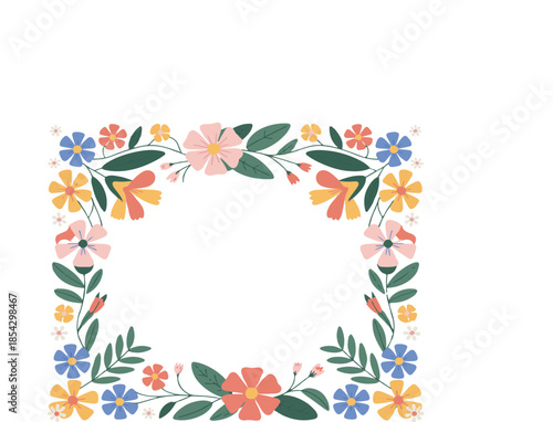 Vibrant Floral Square Frame Vector Graphic Illustration with Colorful Flowers and Leaves for Design Projects