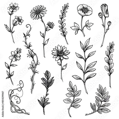 An exquisite vector assortment of diverse sketchy botanical elements, meticulously hand-drawn with intricate detail, ideal for natural designs and decorative illustrations