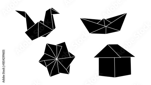 A collection of black origami figures including a bird, a boat, a star, and a house on a white