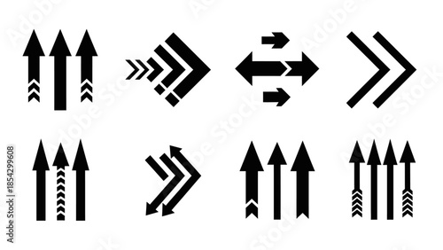 A collection of diverse black arrow graphic design elements and icons for direction and progress