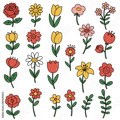 A delightful vector collection of simple cartoon floral elements, featuring a vibrant array of colorful hand-drawn flowers and leaves, perfect for spring designs and creative projects