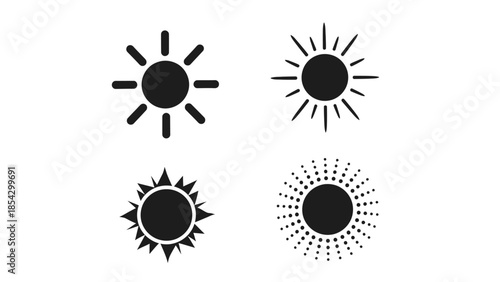 A collection of four unique black silhouette sun icons for weather and design applications