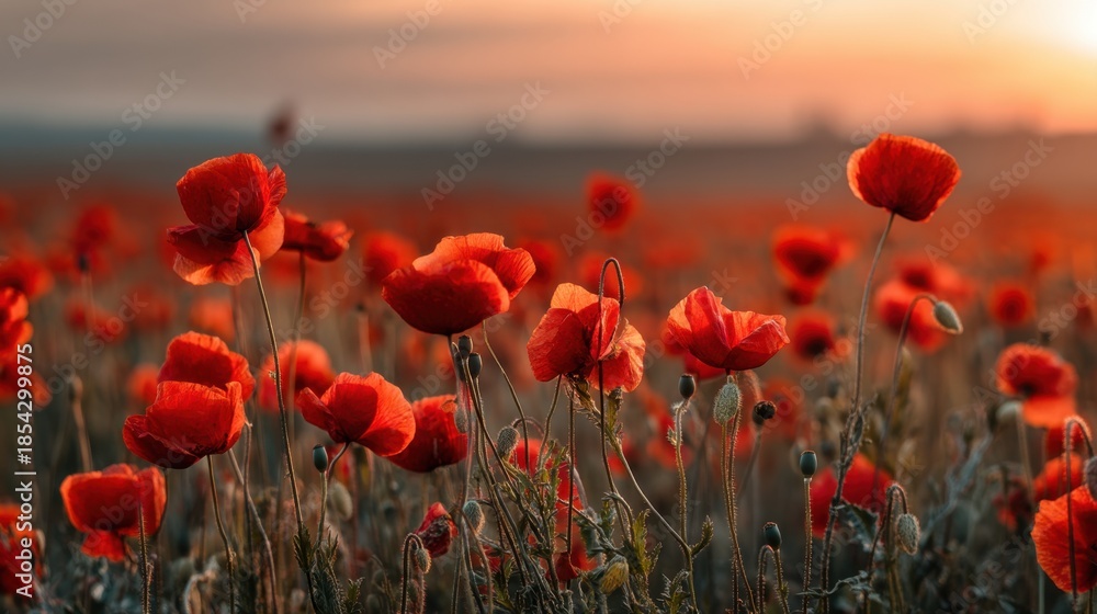Obraz premium A field full of red flowers stands tall as the sun sets in the background. The warm light highlights the blooms while shadows create depth among the plants.