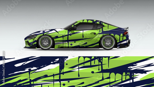 Modern sports car with an aggressive lime green and navy blue abstract splatter graphic decal design.