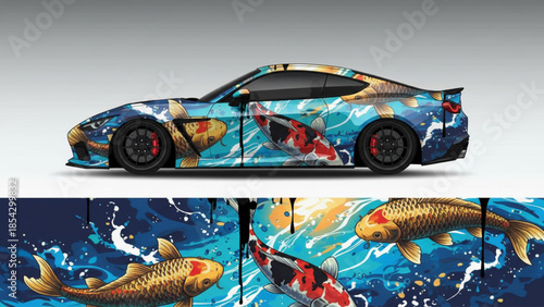 A luxury sports car with a vibrant koi fish and water-themed custom vinyl wrap design.