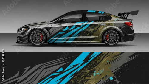 Side view of a modern sports sedan with a dynamic abstract graphic vinyl wrap design featuring blue, gold, and grey elements.