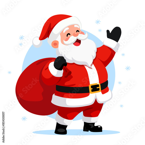 Vector cartoon illustration of Santa Claus character with white beard, rosy cheeks, and cheerful expressions, wearing in traditional red suits, black belts with gold buckles, and black boots